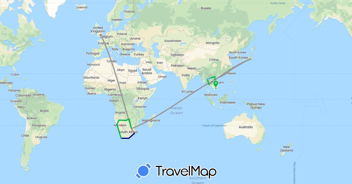 TravelMap itinerary: driving, bus, plane, boat in Botswana, China, United Kingdom, Japan, Laos, Namibia, Thailand, Vietnam, South Africa, Zambia (Africa, Asia, Europe)